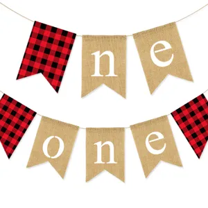 Bandera ONE de yute rústico y cuadros escoceses para decoración fiesta primer cumpleaños.