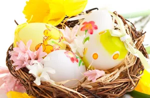 Ensemble d'oeufs de Paques decoratifs avec nid en branches et fleurs de fete.