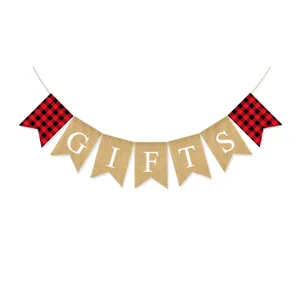 Bandera de yute con cuadros rojos y negros y letras blancas GIFTS para decoración de fiestas.