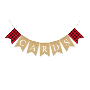 Bandera CARDS de arpillera rústica con banderines de cuadros rojos y negros para bodas.