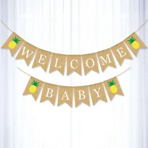Burlap banner featuring WELCOME BABY text and cute pineapple prints for baby shower and party decor.