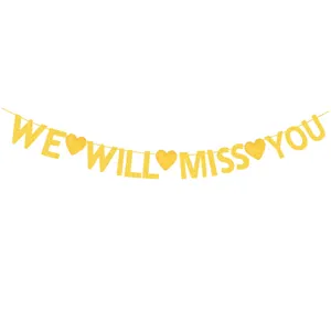 Gold glitter banner WE WILL MISS YOU heart bunting detail for wedding party decor.