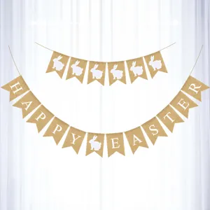 Easter burlap banner detail showing white rabbit silhouette and festive lettering design.