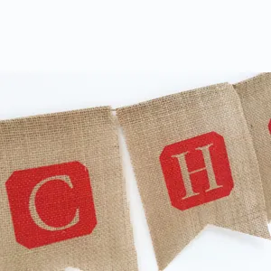 Christmas burlap banner bunting flags with red letter print for holiday party decoration.
