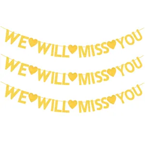 Gold glitter party banner garland with heart designs and WE WILL MISS YOU text decoration