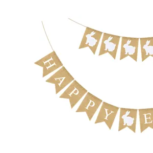 Easter burlap banner set with cute white bunny silhouettes and letters for holiday party decor.