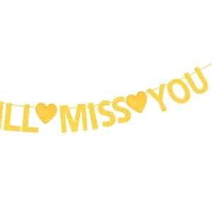 Gold glitter WE WILL MISS YOU banner hearts party decoration garland for farewell celebration.
