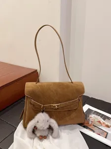 Retro suede shoulder bag for women, large capacity stylish casual handbag with cute bunny charm.