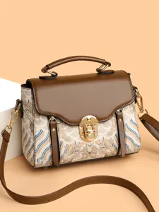 Women Retro PU Leather Crossbody Bag National Cloud Printed Shoulder Handbag Elegant Flap Satchel Bag With Top Handle Adjustable Strap