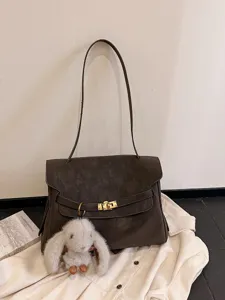 Retro brown suede shoulder bag large capacity casual crossbody bag with bunny charm