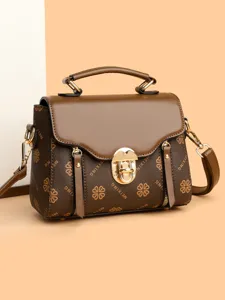 Vintage brown monogram top handle shoulder bag for women, elegant daily crossbody bag.
