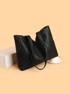 Classic black PU leather woven pattern large capacity tote bag for women casual shoulder handbag