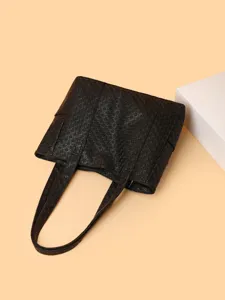 Black woven PU leather tote bag, stylish large capacity shoulder bag for women everyday use.