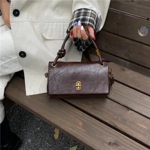 Chic minimalist top handle shoulder crossbody bag for women, stylish brown leather purse