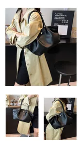 Elegante borsa tote in vera pelle nera da donna, grande borsa a spalla retrò chic.