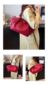 Elegante borsa a spalla da donna in pelle rossa, grande shopper casual per uso quotidiano.
