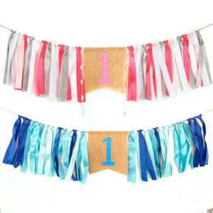 High chair banner 1st birthday party decorations burlap flag ribbon tassel pink blue set