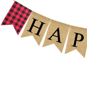 Burlap and red buffalo plaid party banner detail, hanging bunting flag with letters.