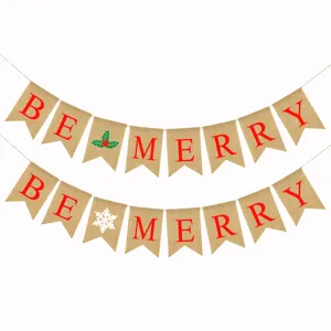 Rustic Burlap Christmas Banner swallowtail Pennant Garland Be Merry Letter Printed Holiday Party Home Decoration