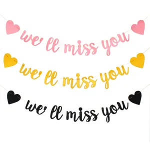 Glitter We Will Miss You banner detailweergave voor een prachtig afscheidsfeest.