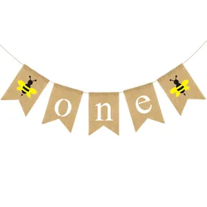 Charming burlap banner featuring cute bees and the letter ONE, perfect for first birthday party.