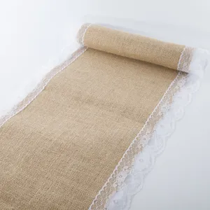 Burlap table runner with white lace trim rustic wedding party table decoration fabric
