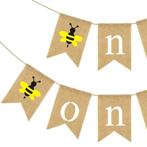 Rustic burlap bee 1st birthday banner party decoration hanging swallowtail flags