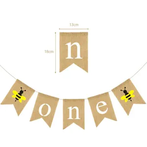 Burlap 1st birthday banner bee theme party hanging decoration with letters one and cute bees