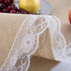 Burlap table runner with delicate white lace trim rustic wedding party decor table cloth