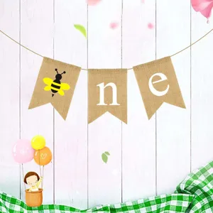 Cute Bee ONE Linen Swallowtail Banner Kids First Birthday Party Venue Layout Decorative Linen Burlap Banner For Baby Showers Home Celebration Decor