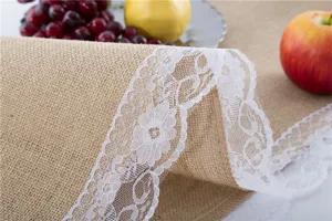 Detail shot of rustic burlap table runner with delicate white lace trim, natural texture.