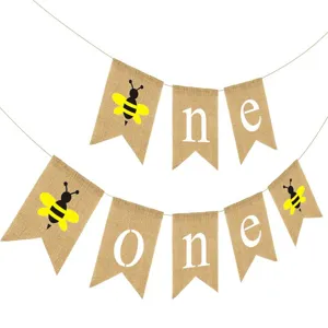 Bee first birthday burlap banner, rustic ONE party bunting decoration for baby shower.