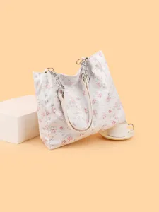 Large capacity floral lace tote bag with chain and shoulder strap for women daily fashion use.