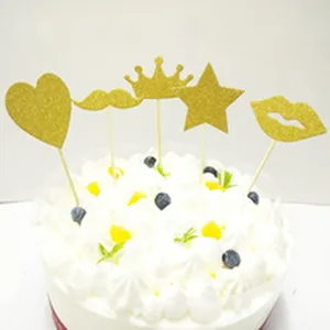 Σετ χρυσά glitter toppers τούρτας με καρδιά αστέρι κορόνα χείλη και μουστάκι για πάρτι