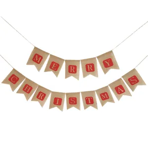 Rustic Linen Burlap Merry Christmas Swallowtail Banner Hanging Garland For Holiday Party Home Decoration Red Alphabet Printed Pendant Pull Flag