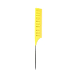 Yellow plastic metal pin tail comb detail, ideal for hair sectioning, styling and coloring.