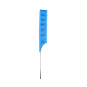 Close-up detail of the metal pin tail and blue plastic teeth for hair styling.