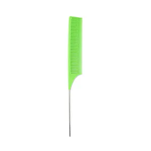 Close-up detail of green plastic handle metal pin tail comb for hair styling and sectioning.
