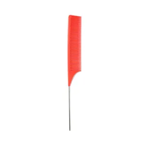 Professional red plastic pintail comb with metal tail for hair styling and sectioning.
