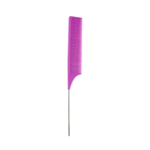 Close-up detail view of professional purple salon tail comb with metal pin and fine teeth.