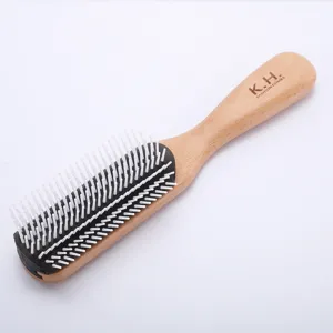 Peigne à Cheveux Professionnel en Bois de Hêtre à Neuf Rangées Brosse de Coiffage pour Hommes Pommade Slick Back Brosse Coussin de Salon Grain de Bois