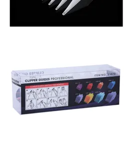 Professional colorful hair clipper guide combs set with 8 sizes and storage box for salon styling.