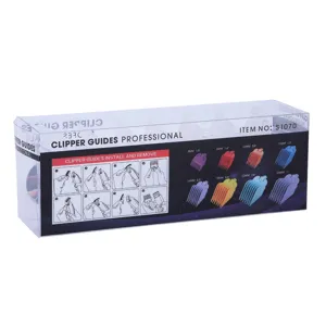 Professional 8-piece clipper guide comb set with various color sizes for hair trimmers.