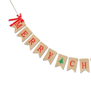 Christmas burlap pennant banner with red letters and tree design for holiday party decor.