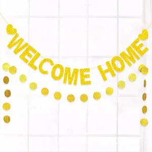 Glitter Gold Welcome Home Banner With Heart Round Garland Paper Decoration For Baby Shower Housewarming Party Supplies