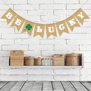 St Patricks Day burlap banner BE LUCKY shamrock garland for irish party decor.