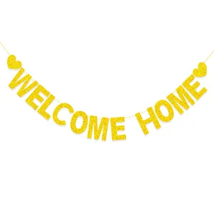 Gold glitter welcome home banner detail close-up, perfect for party decorations.