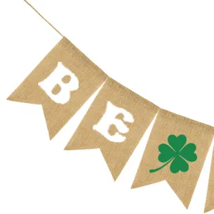 St Patrick Day burlap banner party hanging bunting flags with letters and clover decor