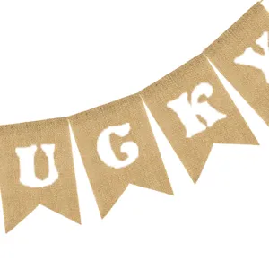 Irish St. Patrick's Day party burlap banner with white letters, rustic hanging bunting.