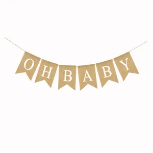 Close-up detail of the rustic burlap OH BABY swallowtail banner for party decor.